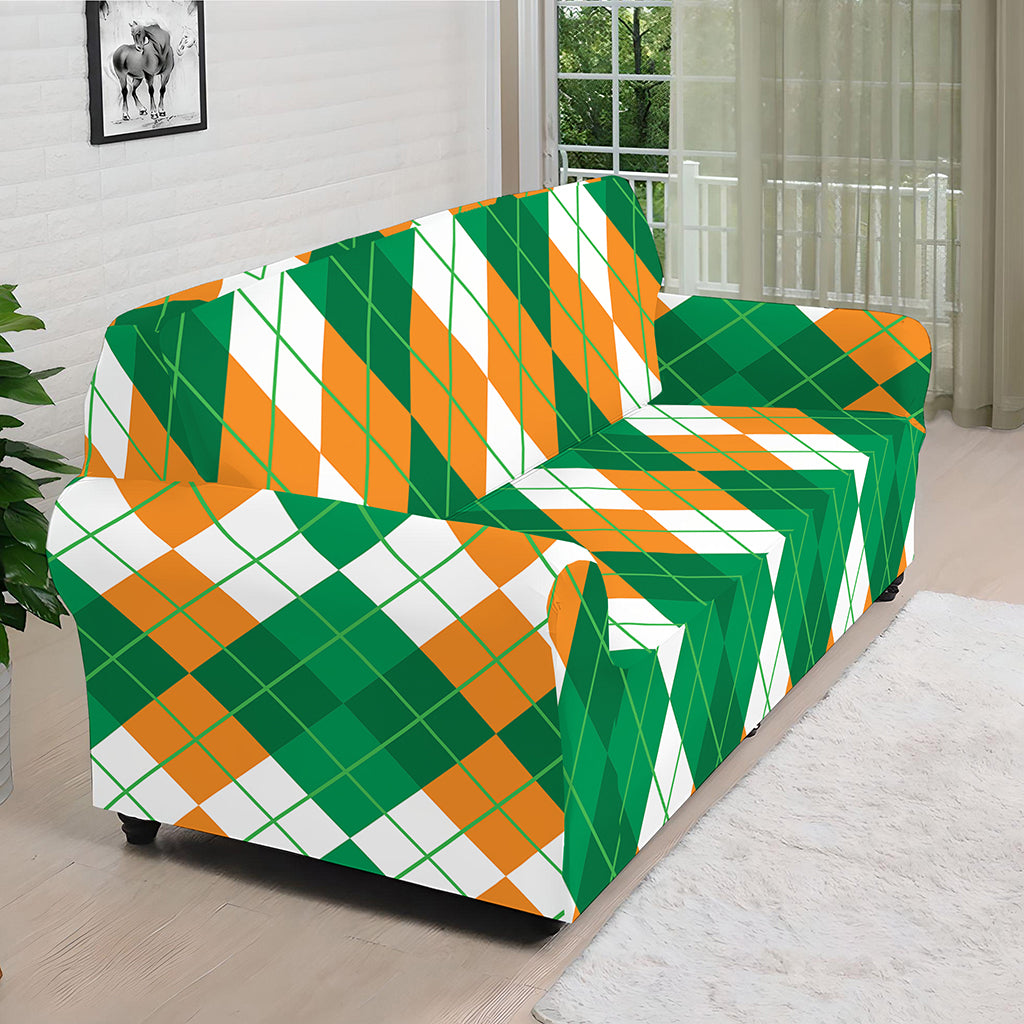 Green Orange And White Argyle Print Sofa Cover