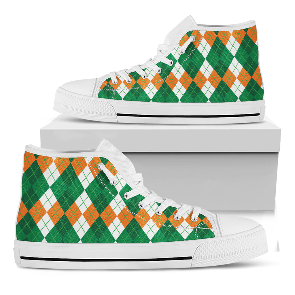 Green Orange And White Argyle Print White High Top Shoes