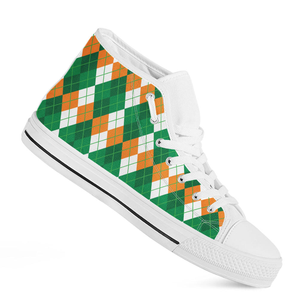 Green Orange And White Argyle Print White High Top Shoes