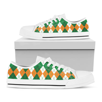 Green Orange And White Argyle Print White Low Top Shoes