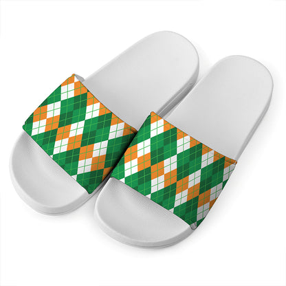 Green Orange And White Argyle Print White Slide Sandals