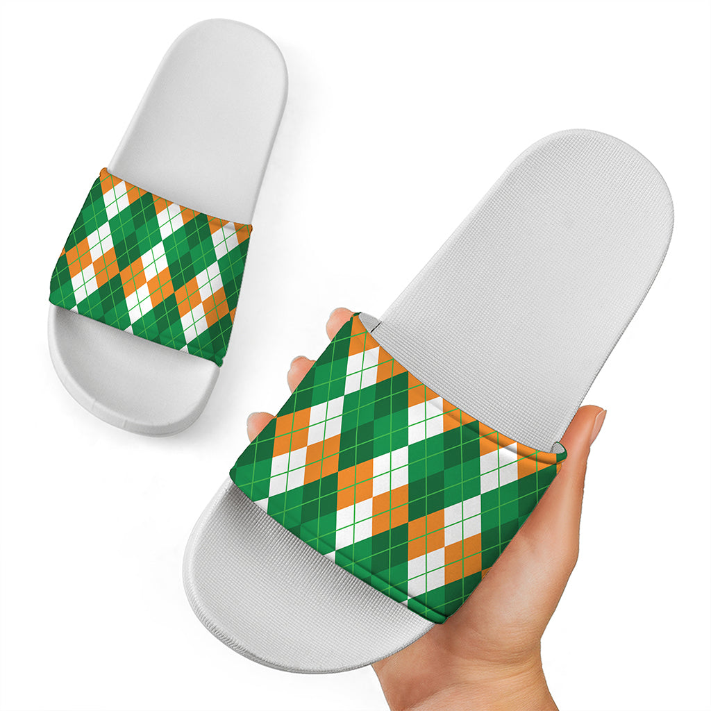 Green Orange And White Argyle Print White Slide Sandals