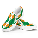 Green Orange And White Argyle Print White Slip On Shoes