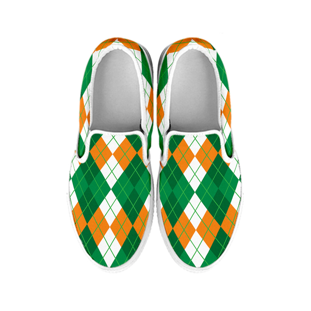 Green Orange And White Argyle Print White Slip On Shoes