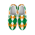 Green Orange And White Argyle Print White Slip On Shoes