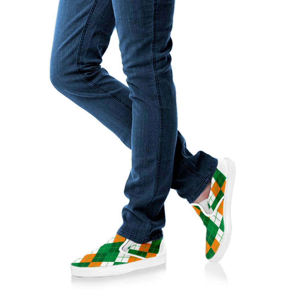 Green Orange And White Argyle Print White Slip On Shoes