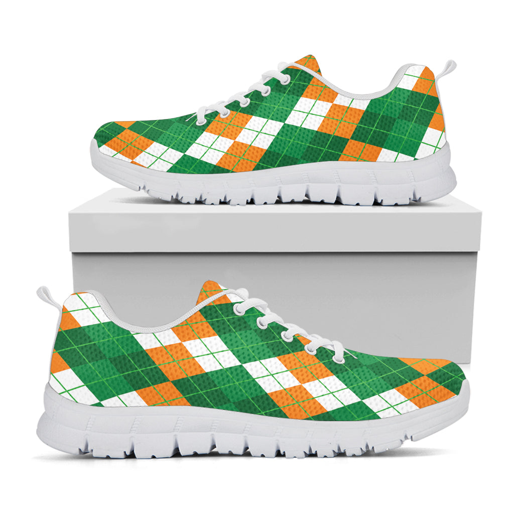 Green Orange And White Argyle Print White Sneakers
