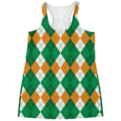 Green Orange And White Argyle Print Women's Racerback Tank Top