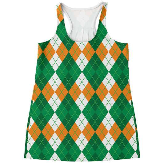 Green Orange And White Argyle Print Women's Racerback Tank Top