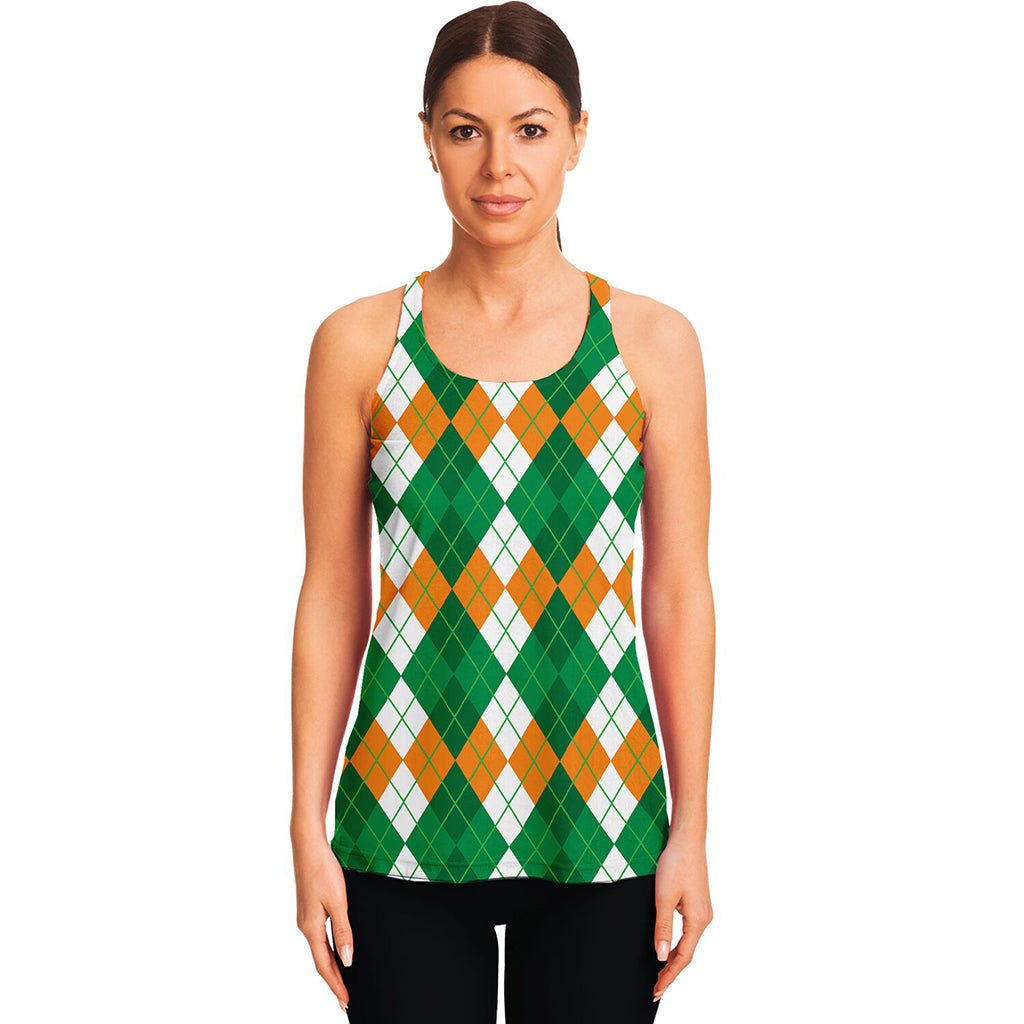 Green Orange And White Argyle Print Women's Racerback Tank Top