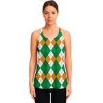 Green Orange And White Argyle Print Women's Racerback Tank Top