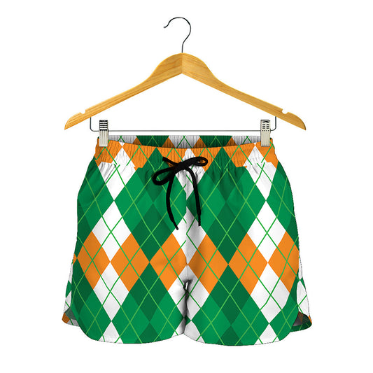 Green Orange And White Argyle Print Women's Shorts