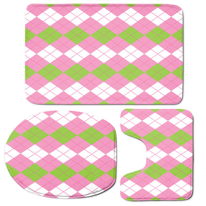 Green Pink And White Argyle Print 3 Piece Bath Mat Set