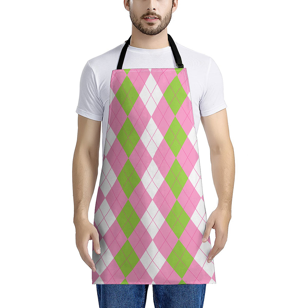 Green Pink And White Argyle Print Apron