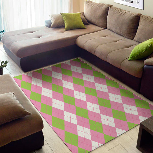 Green Pink And White Argyle Print Area Rug