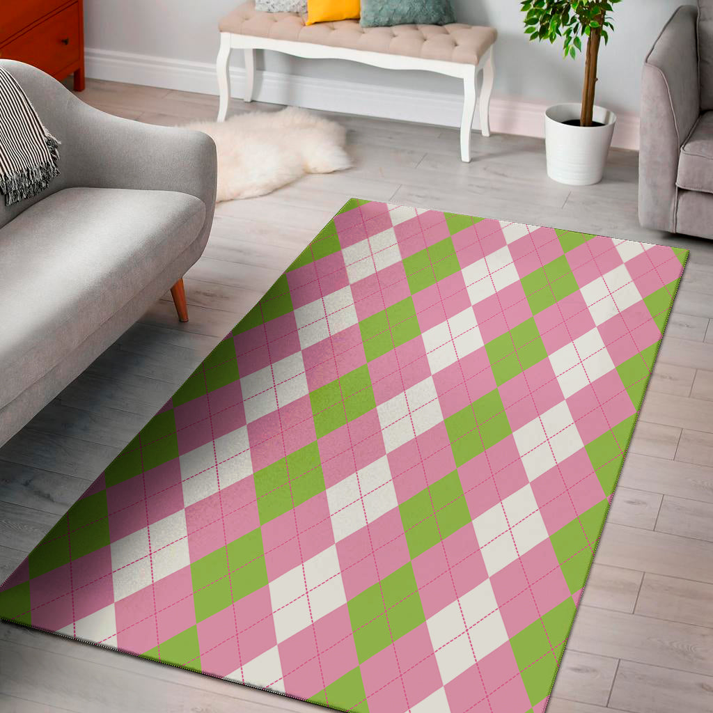 Green Pink And White Argyle Print Area Rug