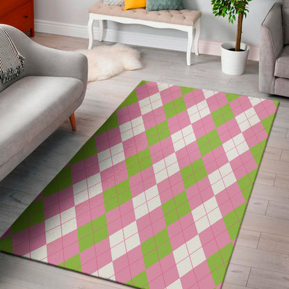 Green Pink And White Argyle Print Area Rug