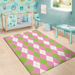 Green Pink And White Argyle Print Area Rug