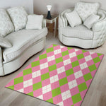 Green Pink And White Argyle Print Area Rug