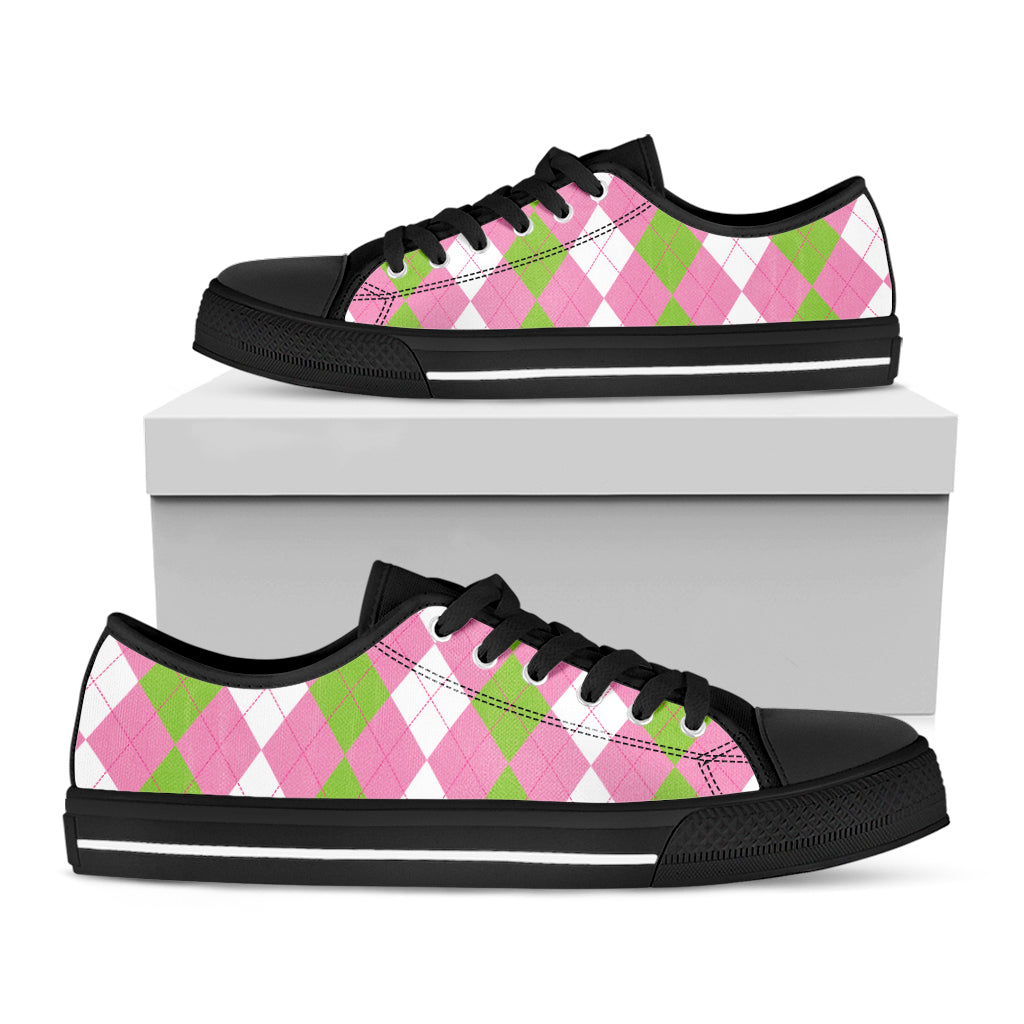 Green Pink And White Argyle Print Black Low Top Shoes