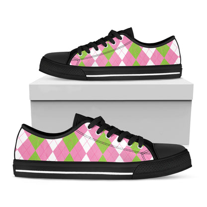 Green Pink And White Argyle Print Black Low Top Shoes