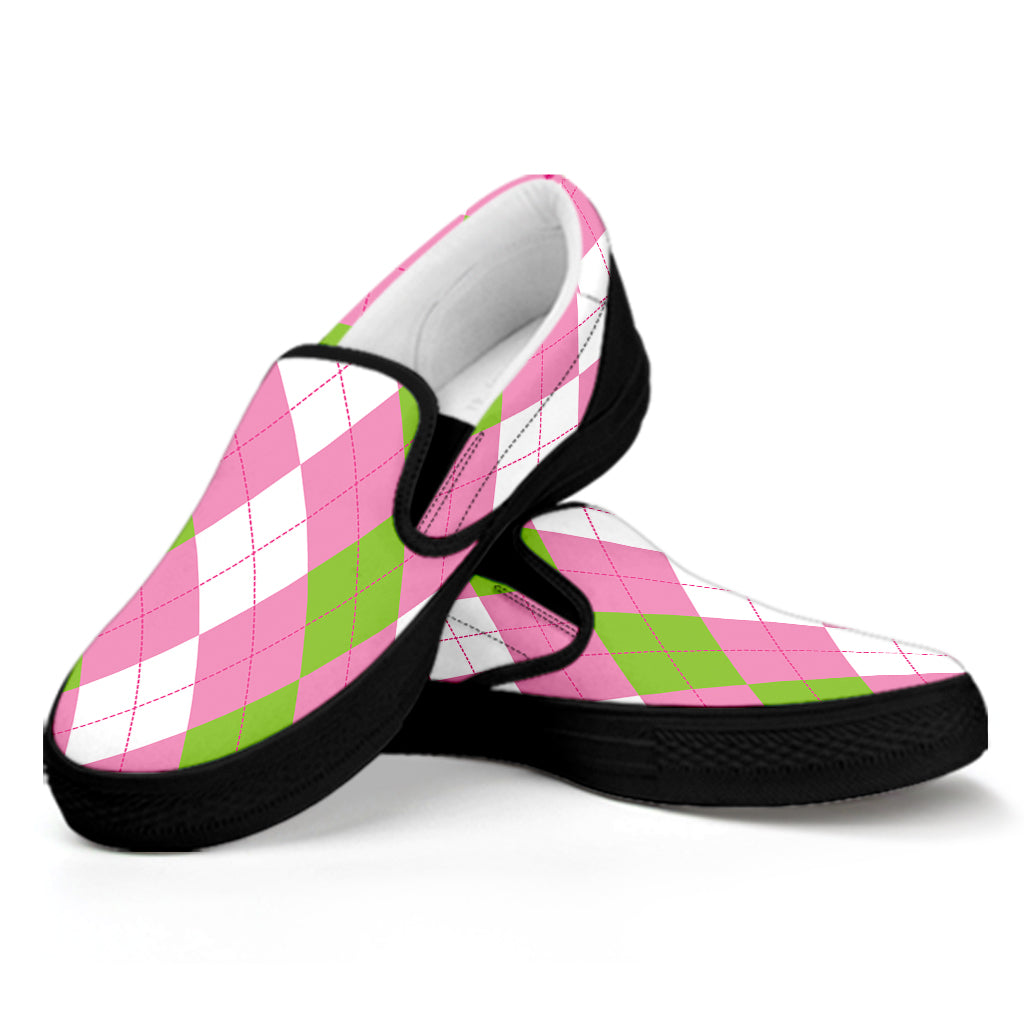 Green Pink And White Argyle Print Black Slip On Shoes