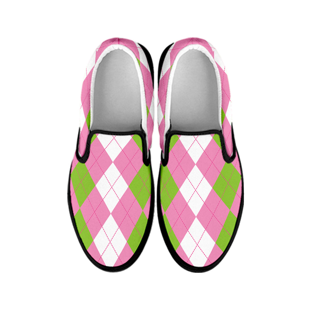 Green Pink And White Argyle Print Black Slip On Shoes