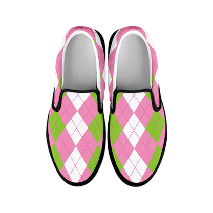 Green Pink And White Argyle Print Black Slip On Shoes