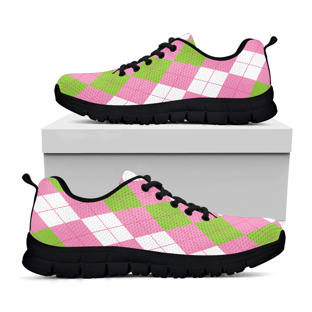 Green Pink And White Argyle Print Black Sneakers