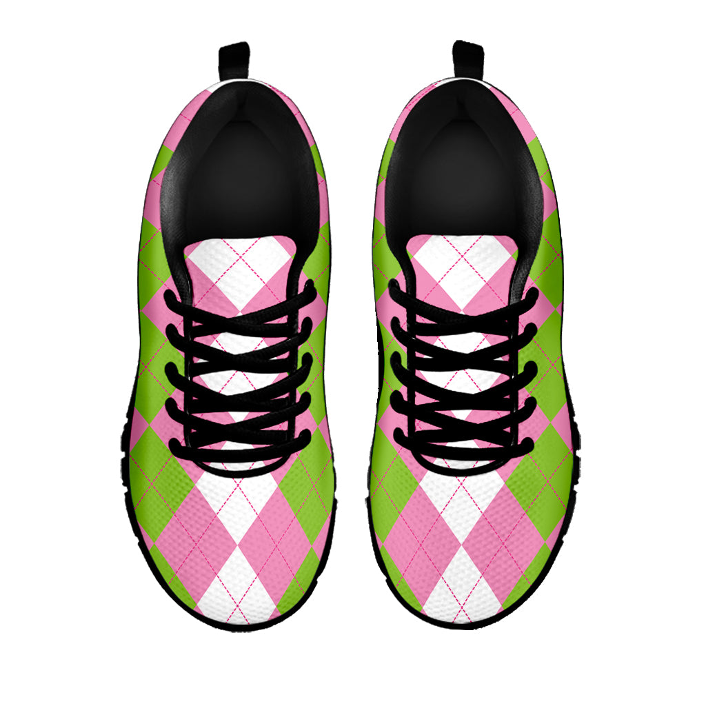 Green Pink And White Argyle Print Black Sneakers