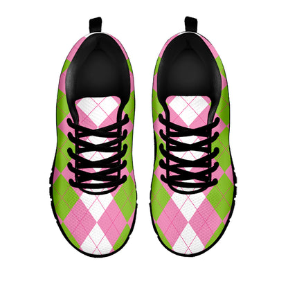 Green Pink And White Argyle Print Black Sneakers