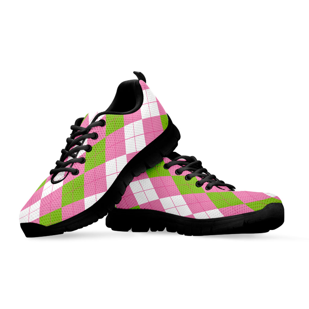 Green Pink And White Argyle Print Black Sneakers