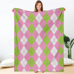 Green Pink And White Argyle Print Blanket