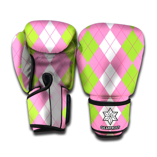 Green Pink And White Argyle Print Boxing Gloves