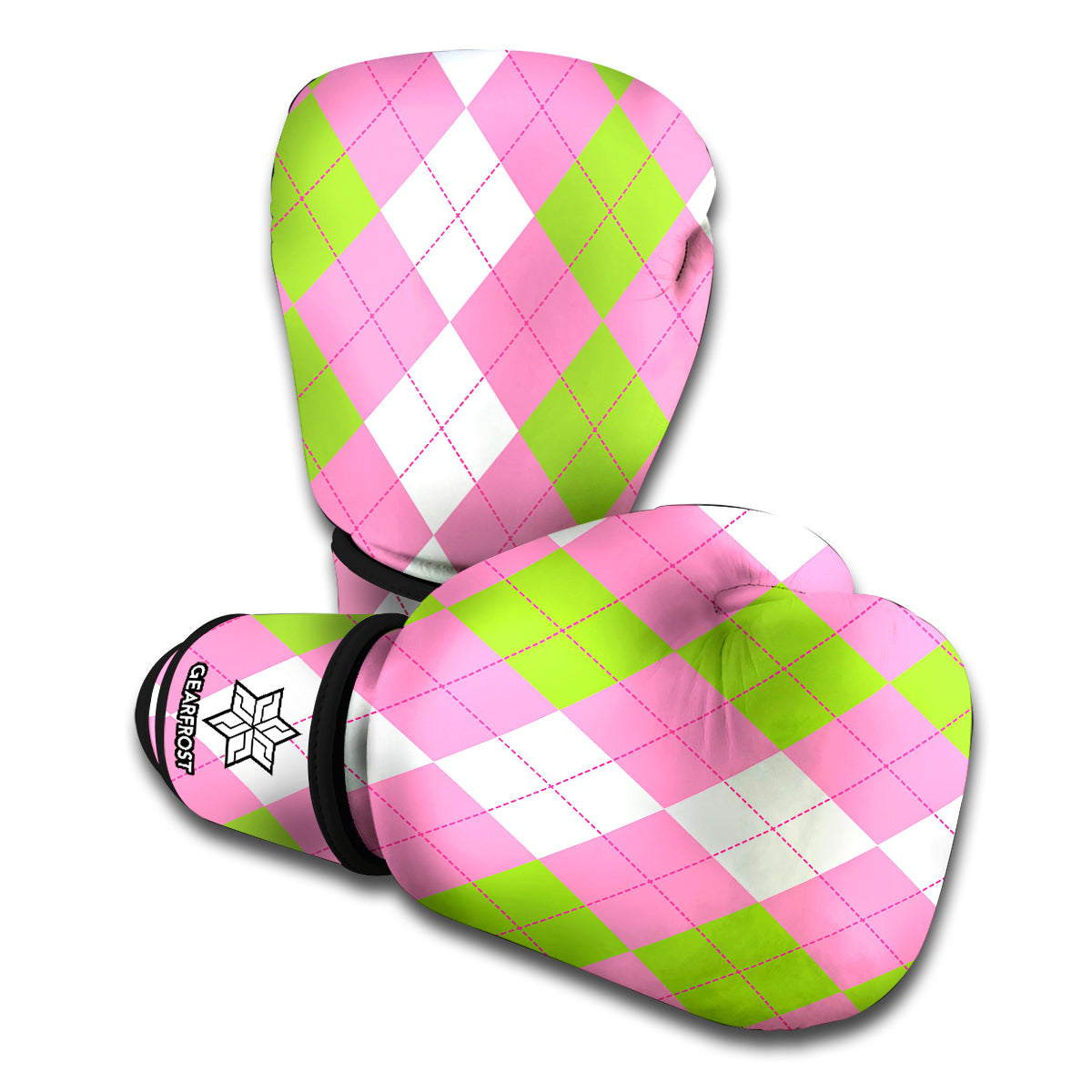 Green Pink And White Argyle Print Boxing Gloves