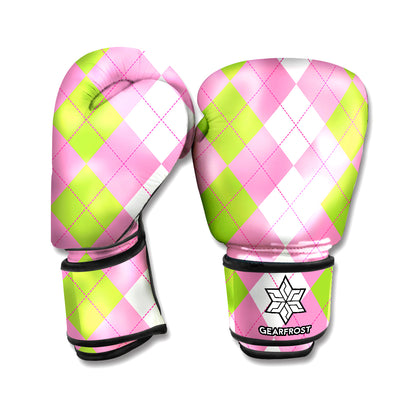 Green Pink And White Argyle Print Boxing Gloves