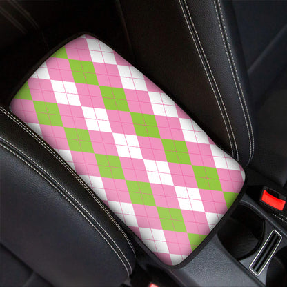 Green Pink And White Argyle Print Car Center Console Cover