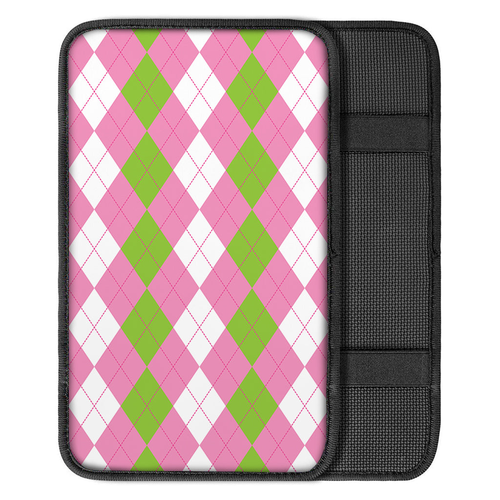 Green Pink And White Argyle Print Car Center Console Cover