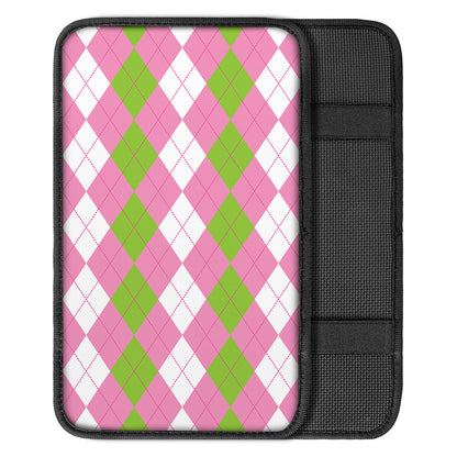 Green Pink And White Argyle Print Car Center Console Cover