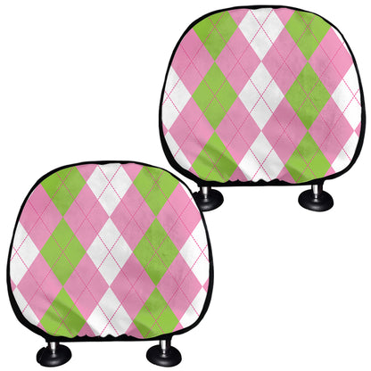 Green Pink And White Argyle Print Car Headrest Covers