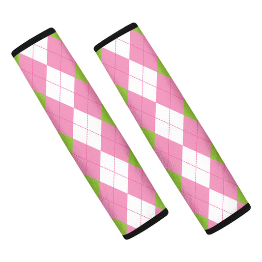 Green Pink And White Argyle Print Car Seat Belt Covers