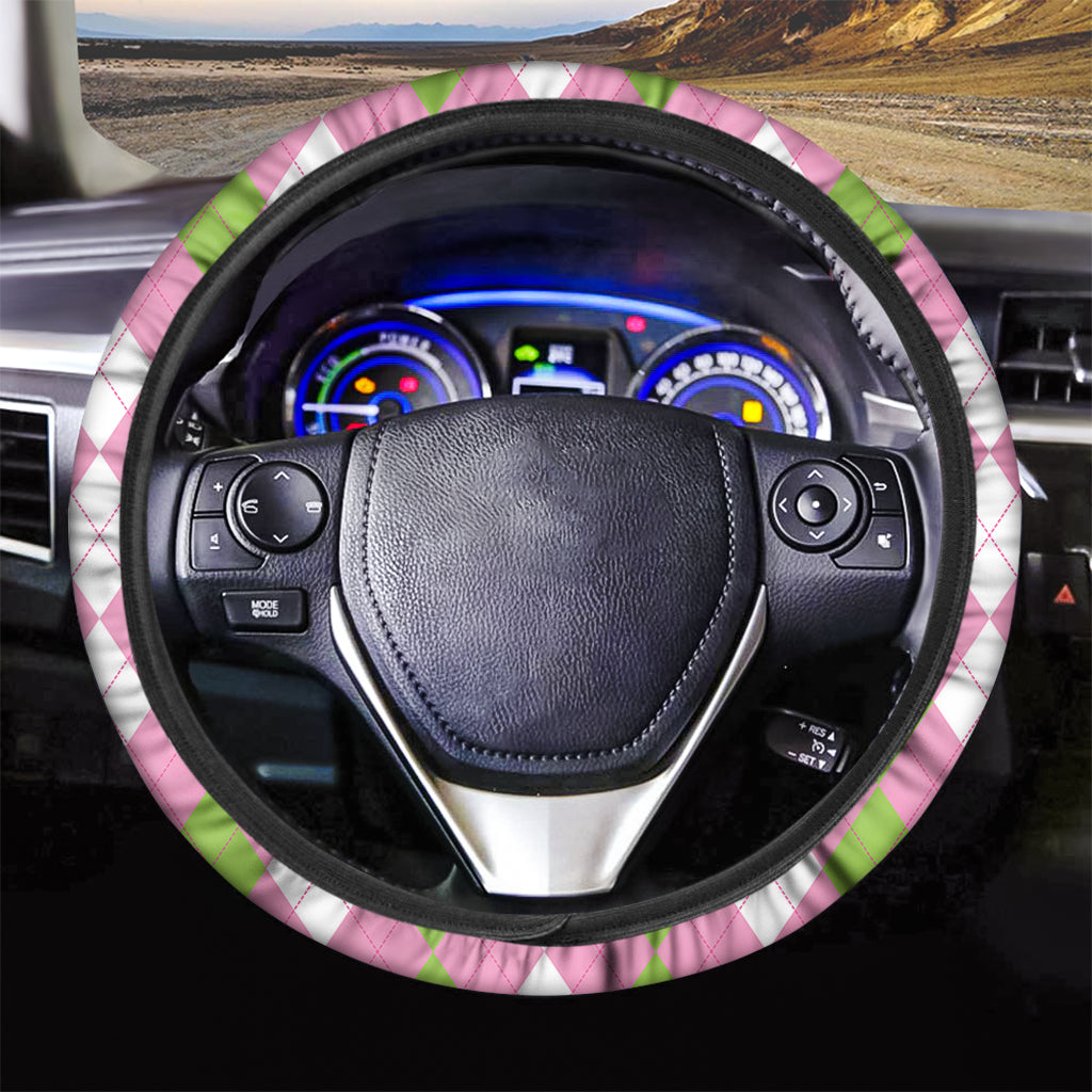 Green Pink And White Argyle Print Car Steering Wheel Cover