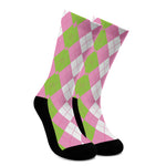 Green Pink And White Argyle Print Crew Socks