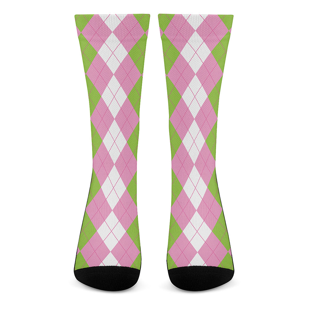 Green Pink And White Argyle Print Crew Socks