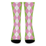 Green Pink And White Argyle Print Crew Socks