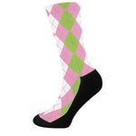 Green Pink And White Argyle Print Crew Socks