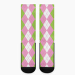 Green Pink And White Argyle Print Crew Socks