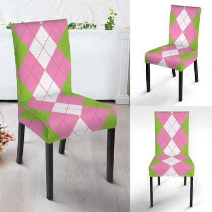 Green Pink And White Argyle Print Dining Chair Slipcover