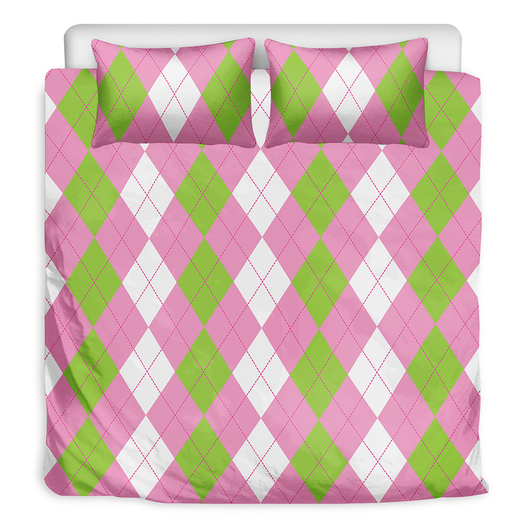 Green Pink And White Argyle Print Duvet Cover Bedding Set