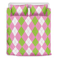 Green Pink And White Argyle Print Duvet Cover Bedding Set